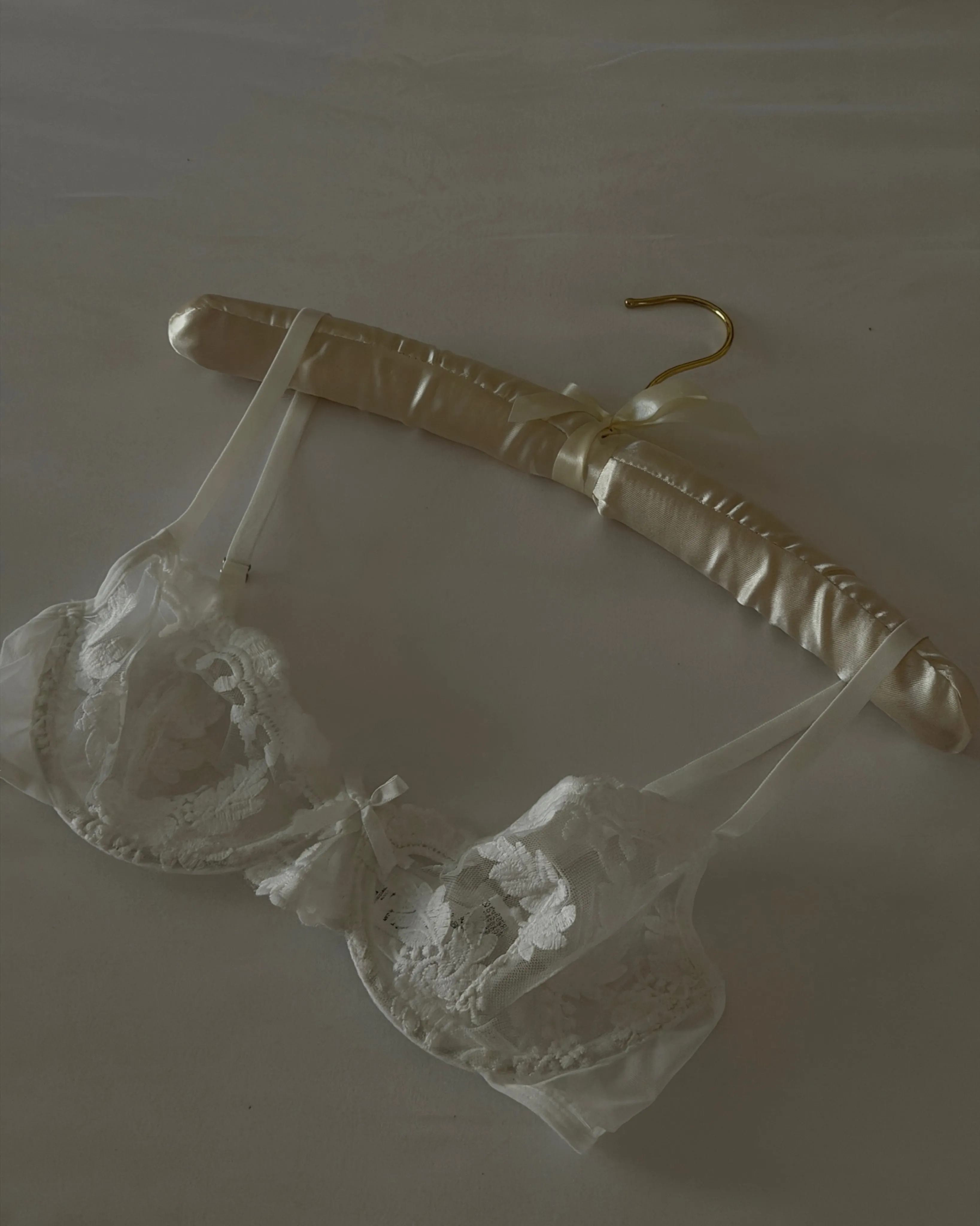 Lace bra on a satin hanger